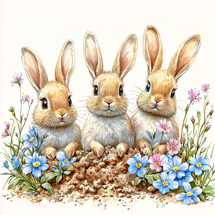 Three rabbits sitting together with flowers fabric panel