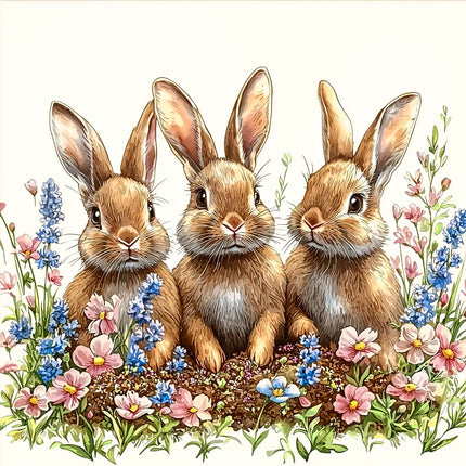 Three rabbits sitting together in a field of flowers fabric panel