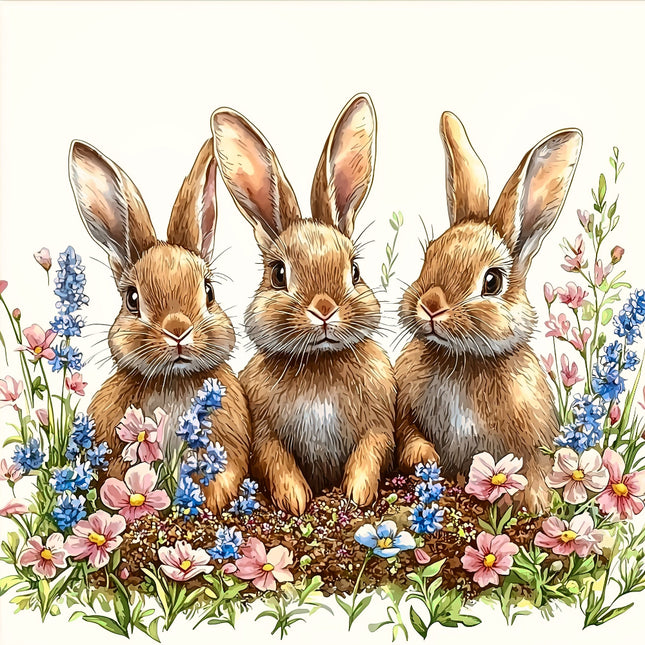 Three rabbits sitting together in a field of flowers fabric panel