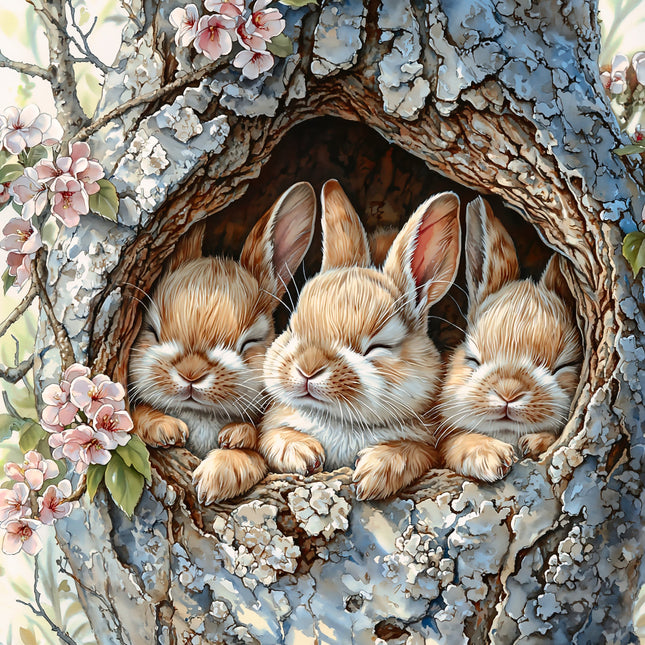 Three rabbits sleeping in a tree hollow with cherry blossoms fabric panel