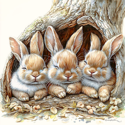 Three rabbits sleeping inside a wooden log fabric panel