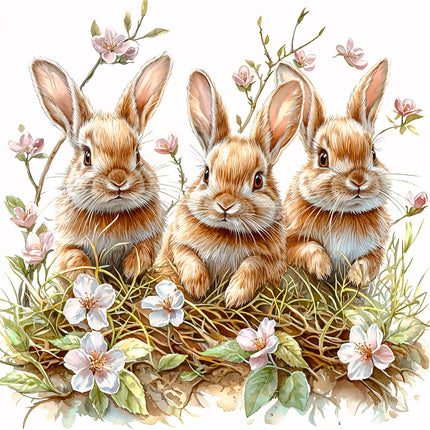 Three rabbits sitting together with flowers and plants around them quilt panel