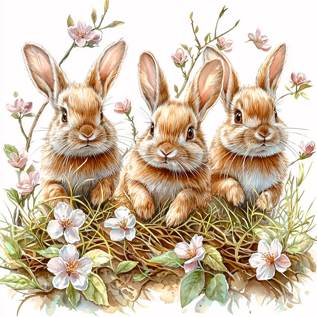 Three rabbits sitting together with flowers and plants around them quilt panel