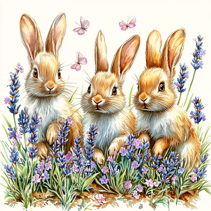 Three rabbits sitting together with lavender flowers fabric panel