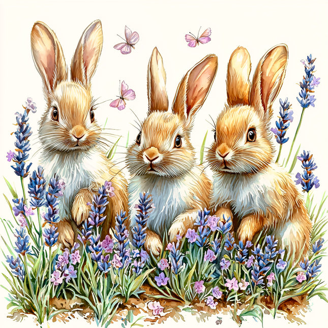 Three rabbits sitting together with lavender flowers fabric panel