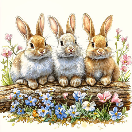 Three rabbits sitting on a log with flowers around them fabric panel