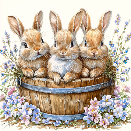 Four rabbits sitting in a wooden barrel surrounded by flowers quilt panel