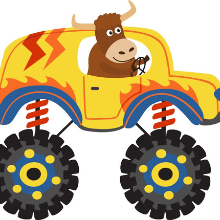 Highland Cow Driving Monster Truck 100% Cotton Fabric Panel Block AAA142