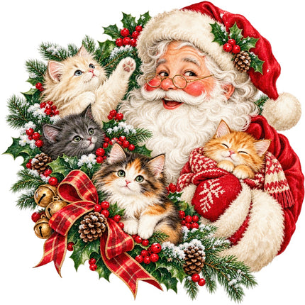 Santa & Kittens Cats 100% Cotton Fabric Panel Block Quilt Square AAA146
