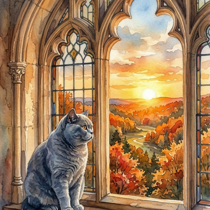 Gray Cat in Window at Sunset 100% Cotton Fabric Panel AAA150
