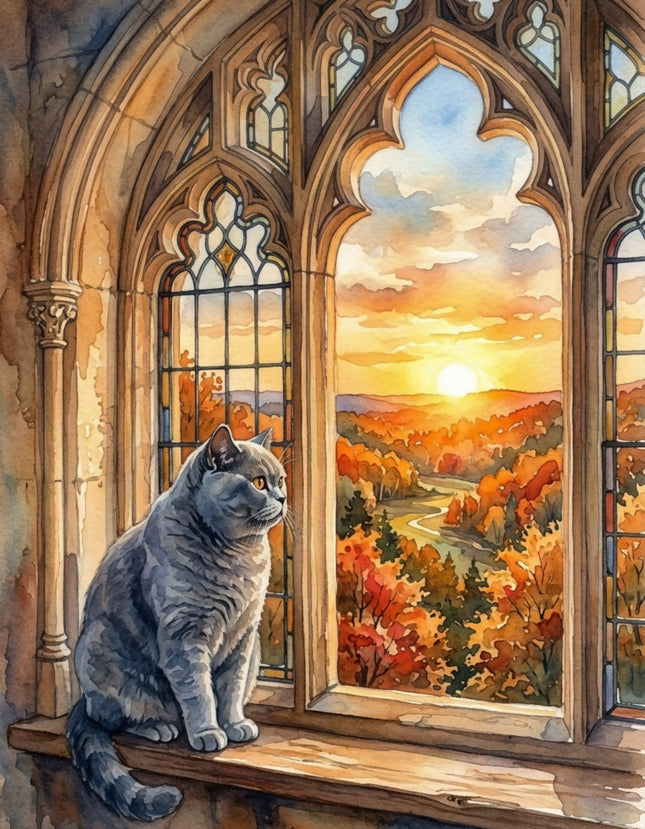 Gray Cat in Window at Sunset 100% Cotton Fabric Panel AAA150