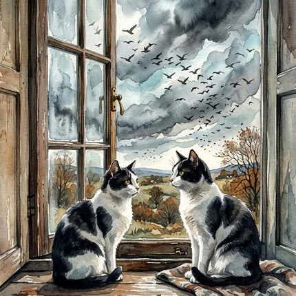 Tuxedo Cats in Window 100% Cotton Fabric Panel AAA157