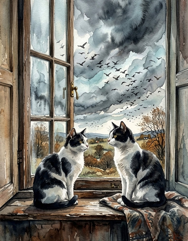 Tuxedo Cats in Window 100% Cotton Fabric Panel AAA157