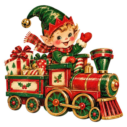 Retro Christmas Elf on Train 100% Cotton Fabric Panel Block Quilt Square AAA342