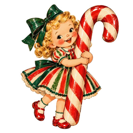 Retro Christmas Girl Candy Cane 100% Cotton Fabric Panel Block AAA351