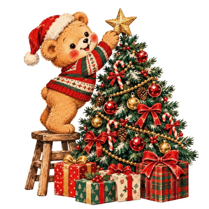 Retro Christmas Bear 100% Cotton Fabric Panel Block AAA356