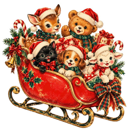 Retro Christmas Animals on Sleigh 100% Cotton Fabric Panel Block AAA359