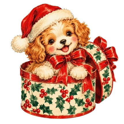 Retro Christmas Puppy 100% Cotton Fabric Panel Block AAA361