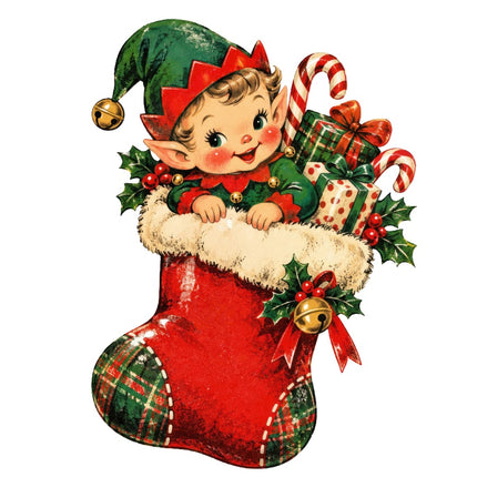 Retro Christmas Elf in Stocking 100% Cotton Fabric Panel Block AAA363