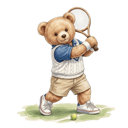 Tennis Player Teddy Bear 100% Cotton Fabric Panel Block AAB1001