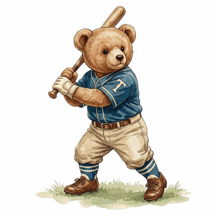 Baseball Player Bear 100% Cotton Fabric Panel Block AAB1005
