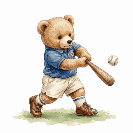 Baseball Player Bear 100% Cotton Fabric Panel Block AAB1009