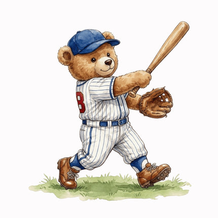Baseball Player Bear 100% Cotton Fabric Panel Block AAB1018