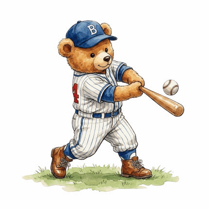 Baseball Player Bear 100% Cotton Fabric Panel Block AAB1023