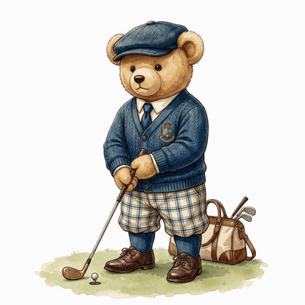 Golfer Golf Bear 100% Cotton Fabric Panel Block Quilt Square AAB1026