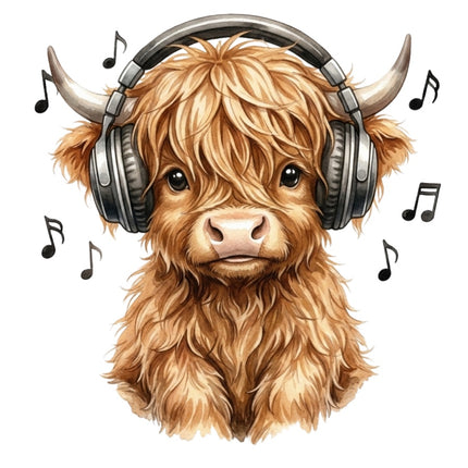 highland cow listening to music fabric panel