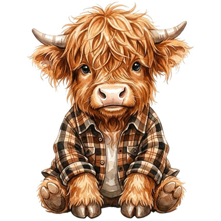 highland cow wearing plaid fabric panel