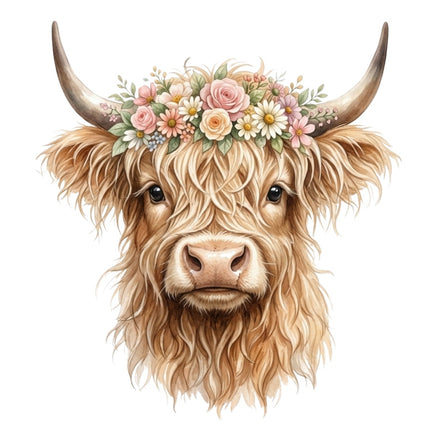floral highland cow fabric panel