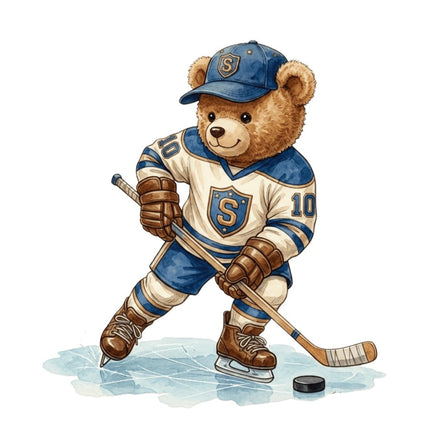 Hockey Player Bear 100% Cotton Fabric Panel Block AAB1075