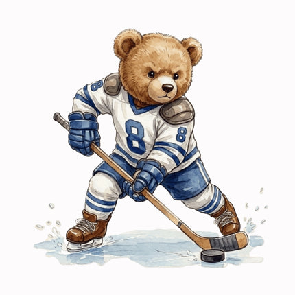 Hockey Player Bear 100% Cotton Fabric Panel Block AAB1096