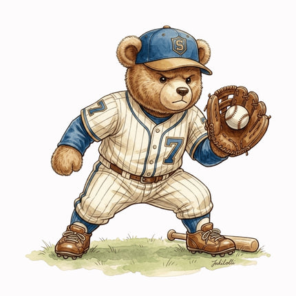Baseball Player Bear 100% Cotton Fabric Panel Block AAB1013