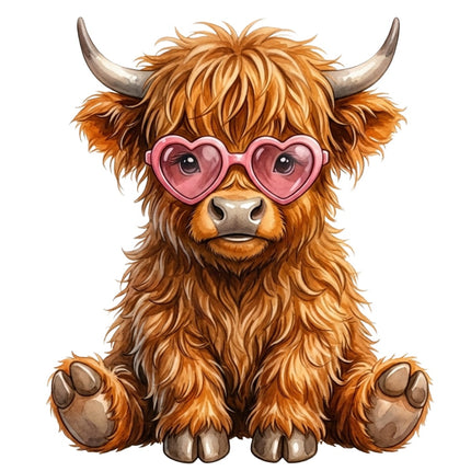 Highland Cow With Heart Glasses 100% Cotton Fabric Panel Block AAB1109