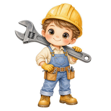 Construction Worker Holding Wrench 100% Cotton Fabric Panel Block FLIP-AAB1129