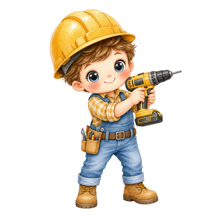 Construction Worker Holding Drill 100% Cotton Fabric Panel Block AAB1130