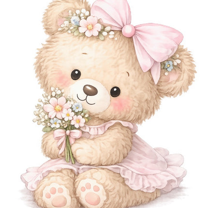 Girl Teddy Bear 100% Cotton Fabric Panel Block Quilt Square FLIP-AAB1428