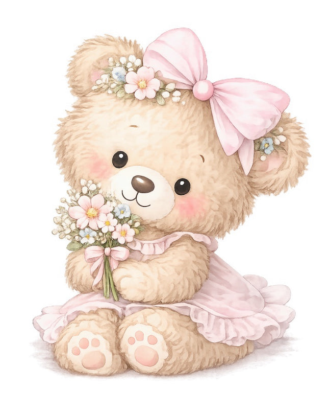 Girl Teddy Bear 100% Cotton Fabric Panel Block Quilt Square FLIP-AAB1428