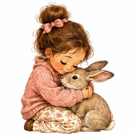 A soft, vintage-style fabric panel of a young girl with brown hair in a pink bow hugging a brown rabbit, wearing a pink sweater and floral pajamas