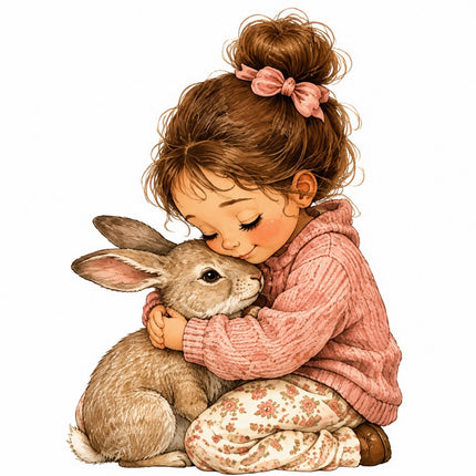 Girl & Rabbit Hugging 100% Cotton Fabric Panel Block FLIP-AAB1434