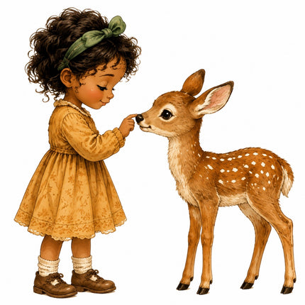 Vintage-style fabric panel of a young girl with curly dark hair and a green bow feeding a spotted fawn
