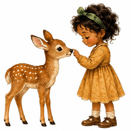 Girl & Deer 100% Cotton Fabric Panel Block Quilt Square FLIP-AAB1435