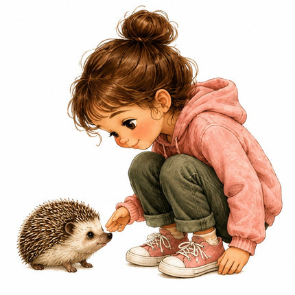 Girl & Hedgehog 100% Cotton Fabric Panel Block Quilt Square AAB1436