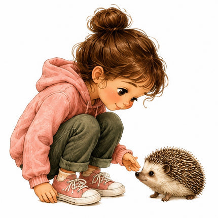 Girl & Hedgehog 100% Cotton Fabric Panel Block FLIP-AAB1436