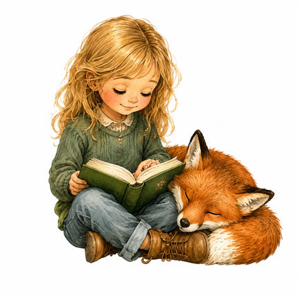 girl reading to a fox fabric panel