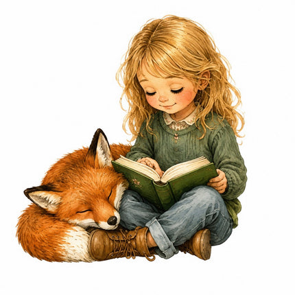 Girl Reading to a Fox 100% Cotton Fabric Panel Block FLIP-AAB1439