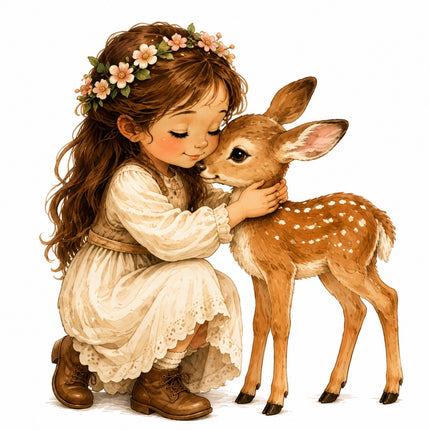 A whimsical fabric panel of a young girl with a flower crown hugging a spotted deer fawn