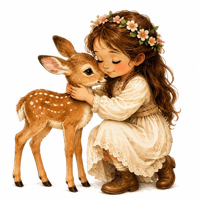 Girl Embracing Deer 100% Cotton Fabric Panel Block FLIP-AAB1440